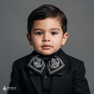 Black Mexican Kids Embroidered Charro Moño – Traditional Baby Mariachi Bow
